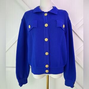 Vintage Worldly Things by Styltricot Blue Wool Cardigan Jacket Lion Buttons Med